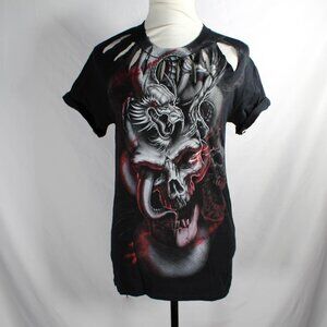 Upcycled Gothic Dragon & Skulls Tee Men’s/Unisex Small Spiked & Slashed